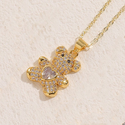 Cute Streetwear Bear Brass 14k Gold Plated White Gold Plated Zircon Pendant Necklace In Bulk