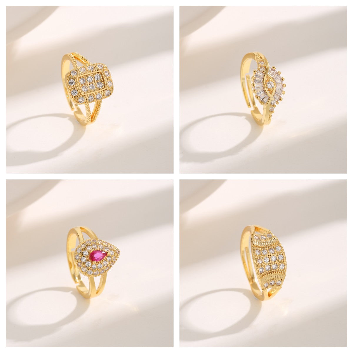 Elegant Lady Devil's Eye Square Water Droplets Copper Plating Inlay Zircon 18k Gold Plated Open Rings