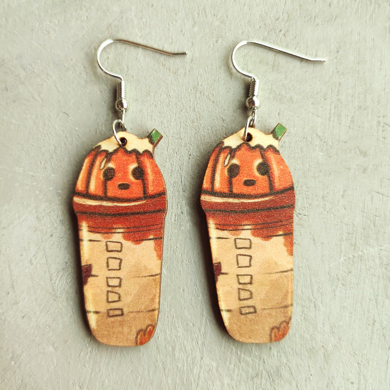 1 Pair Classic Style Pumpkin Printing Wood Drop Earrings