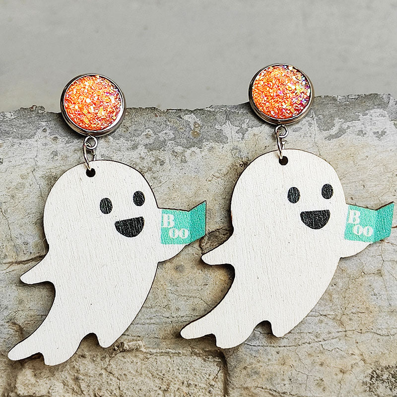 1 Pair Commute Pumpkin Printing Wood Drop Earrings