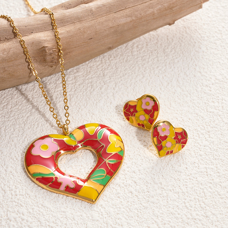 Artistic Streetwear Color Block Heart Shape Stainless Steel Enamel Gold Plated Earrings Necklace