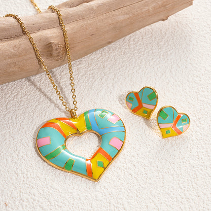 Artistic Streetwear Color Block Heart Shape Stainless Steel Enamel Gold Plated Earrings Necklace