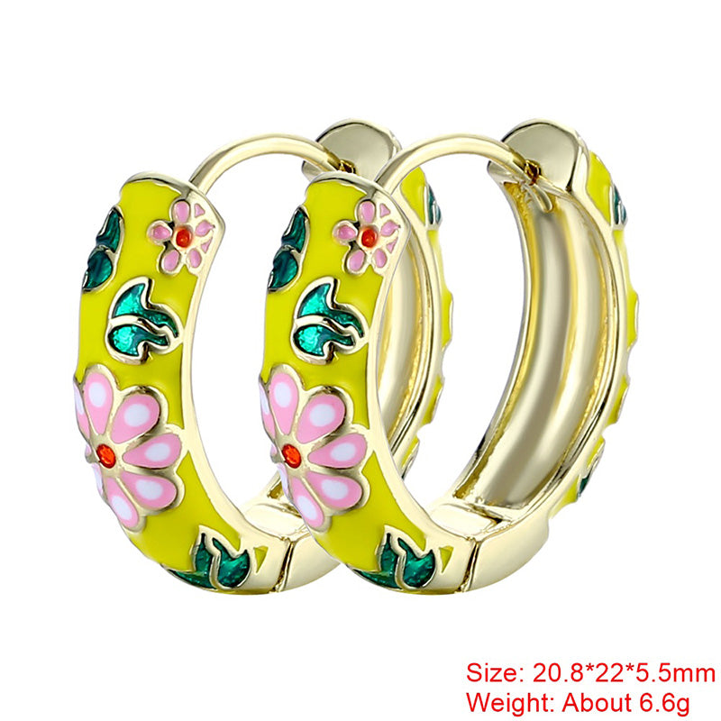 1 Pair Sweet Flower Enamel Plating Copper 18k Gold Plated Hoop Earrings