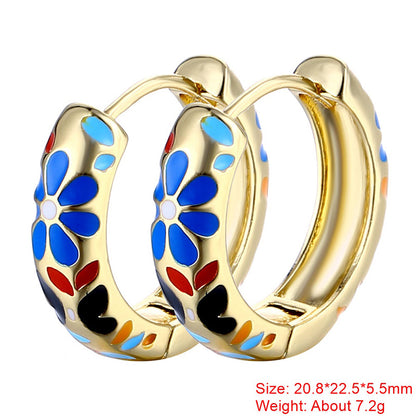 1 Pair Sweet Flower Enamel Plating Copper 18k Gold Plated Hoop Earrings