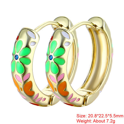 1 Pair Sweet Flower Enamel Plating Copper 18k Gold Plated Hoop Earrings