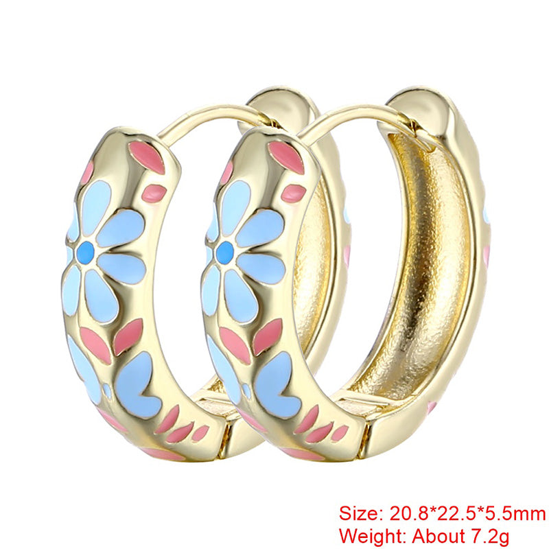 1 Pair Sweet Flower Enamel Plating Copper 18k Gold Plated Hoop Earrings