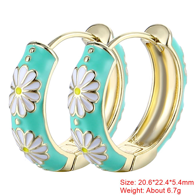 1 Pair Sweet Flower Enamel Plating Copper 18k Gold Plated Hoop Earrings