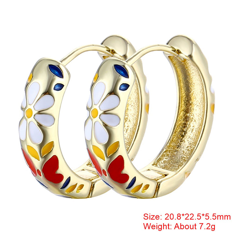 1 Pair Sweet Flower Enamel Plating Copper 18k Gold Plated Hoop Earrings