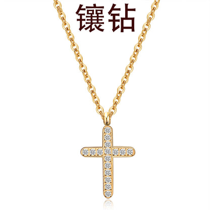 Punk Cool Style Cross Stainless Steel Titanium Steel Inlay Artificial Diamond Pendant Necklace