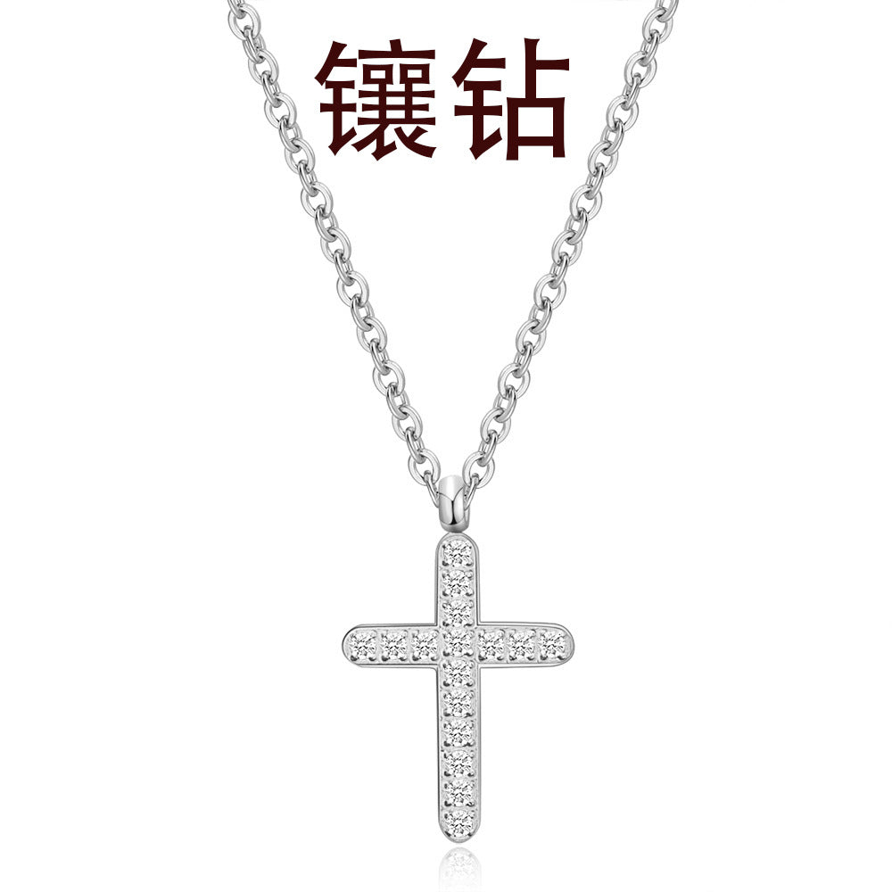 Punk Cool Style Cross Stainless Steel Titanium Steel Inlay Artificial Diamond Pendant Necklace