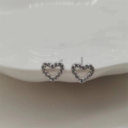 1 Pair Sweet Heart Shape Hollow Out Inlay Sterling Silver Zircon Ear Studs