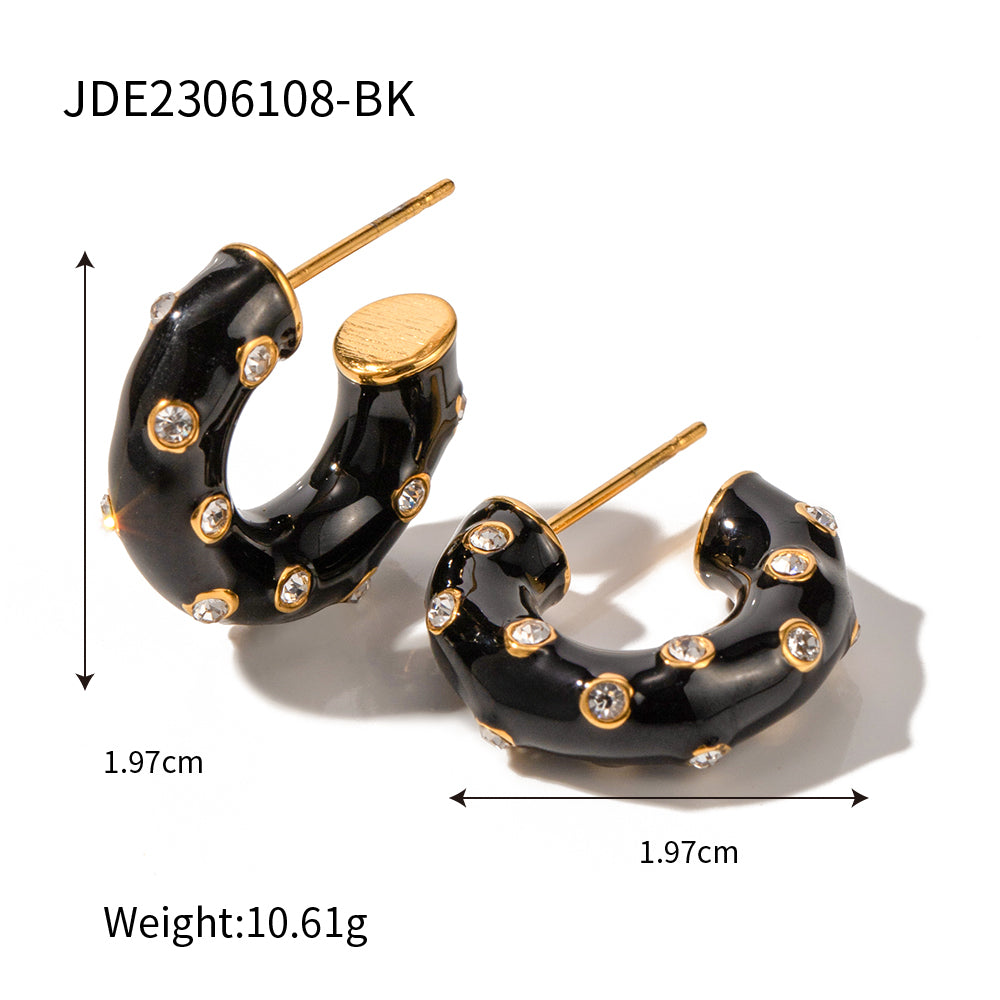 1 Pair Ig Style C Shape Enamel Plating Inlay Stainless Steel Artificial Diamond 18k Gold Plated Ear Studs