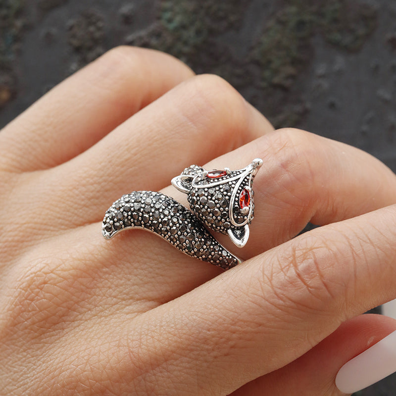 Novelty Fox Sterling Silver Inlay Zircon Open Rings