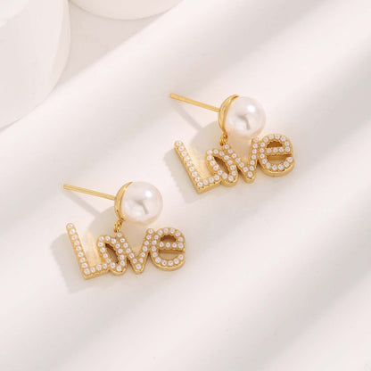 1 Pair Glam Sweet Love Round Plating Imitation Pearl Titanium Steel Copper Gold Plated Earrings