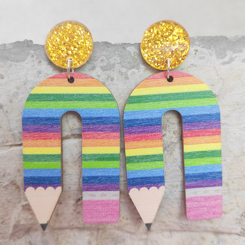 1 Pair Novelty Simple Style Rainbow Leopard Pencil Printing Arylic Wood Drop Earrings