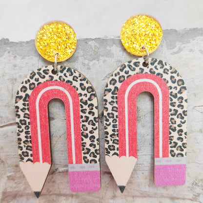 1 Pair Novelty Simple Style Rainbow Leopard Pencil Printing Arylic Wood Drop Earrings