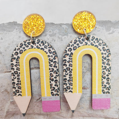 1 Pair Novelty Simple Style Rainbow Leopard Pencil Printing Arylic Wood Drop Earrings