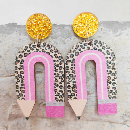 1 Pair Novelty Simple Style Rainbow Leopard Pencil Printing Arylic Wood Drop Earrings