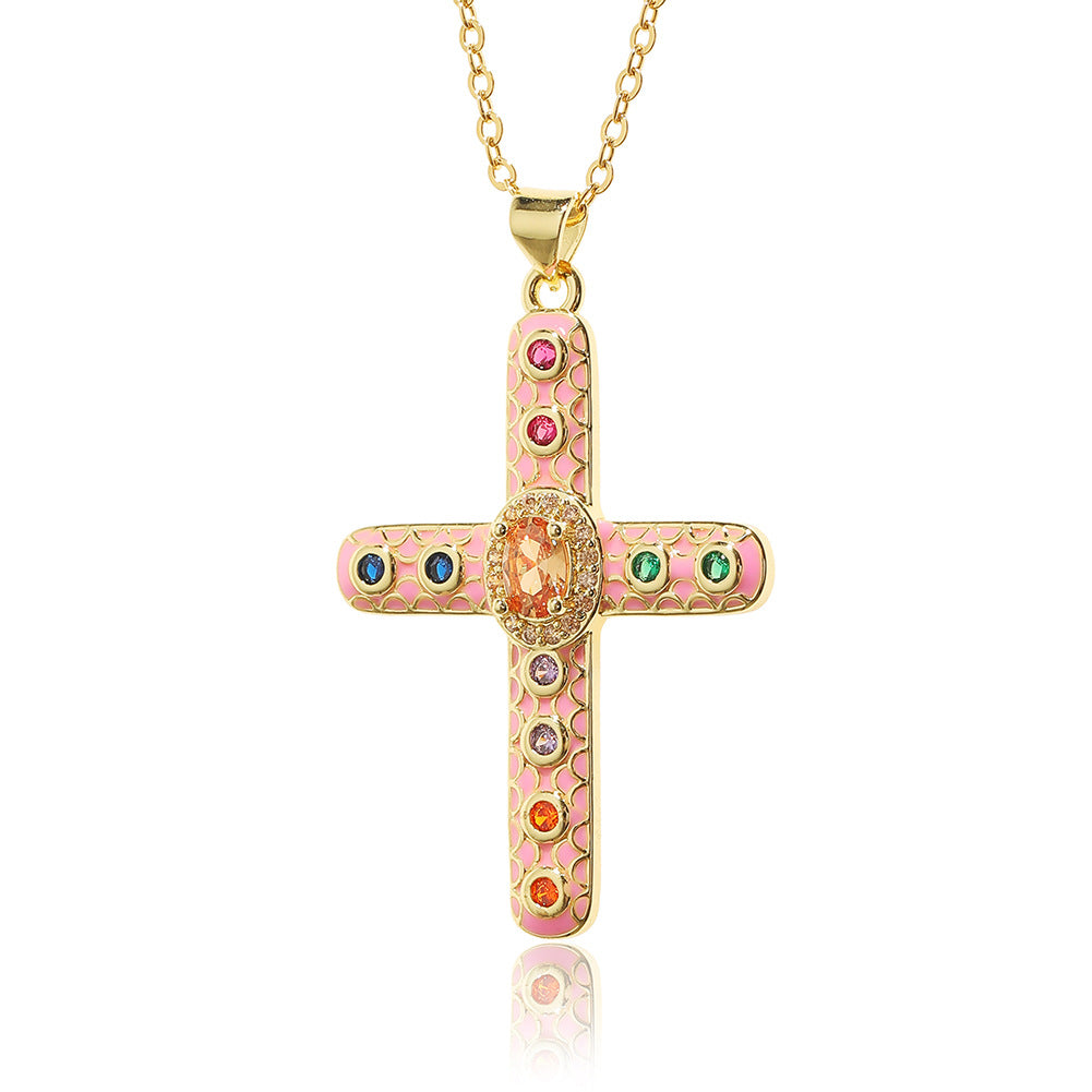 Simple Style Cross Copper Rhinestones Pendant Necklace In Bulk