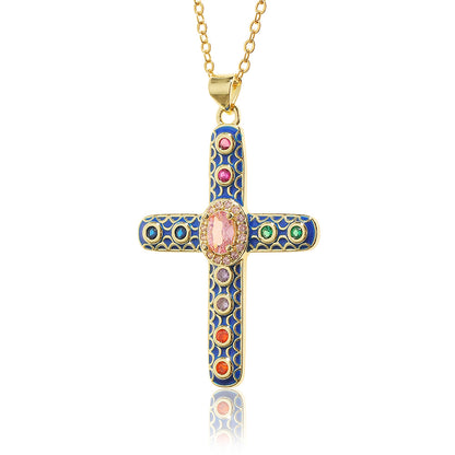 Simple Style Cross Copper Rhinestones Pendant Necklace In Bulk