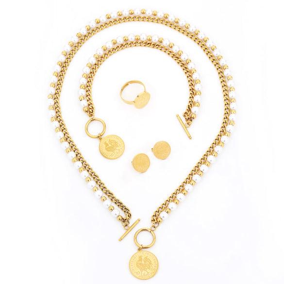 Wholesale Jewelry Lady Tree Artificial Pearl Titanium Steel Beaded Rings Earrings Necklace