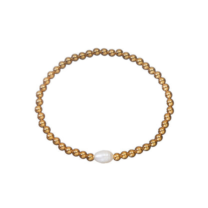 Elegant Round Stainless Steel Freshwater Pearl Plating Gold Plated Bracelets