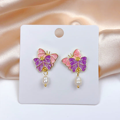 1 Pair Sweet Heart Shape Flower Butterfly Enamel Inlay Imitation Pearl Alloy Rhinestones Earrings