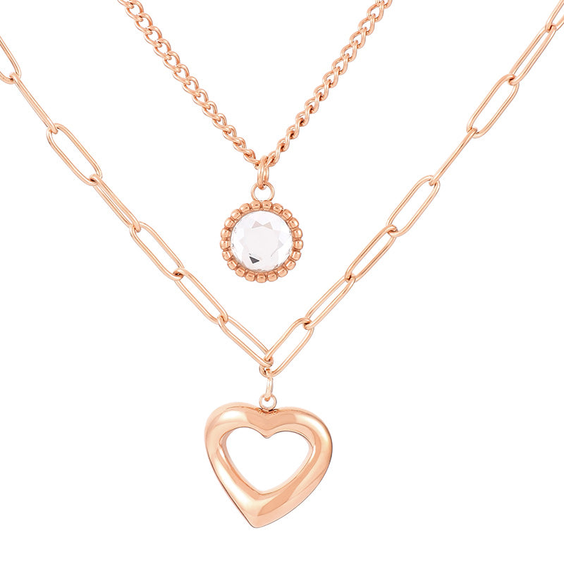 Streetwear Heart Shape Stainless Steel Plating Inlay Glass Gold Plated Layered Necklaces