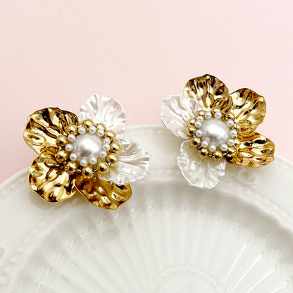 1 Pair Nordic Style Glam Flower Plating Inlay Stainless Steel Artificial Pearls Gold Plated Ear Studs