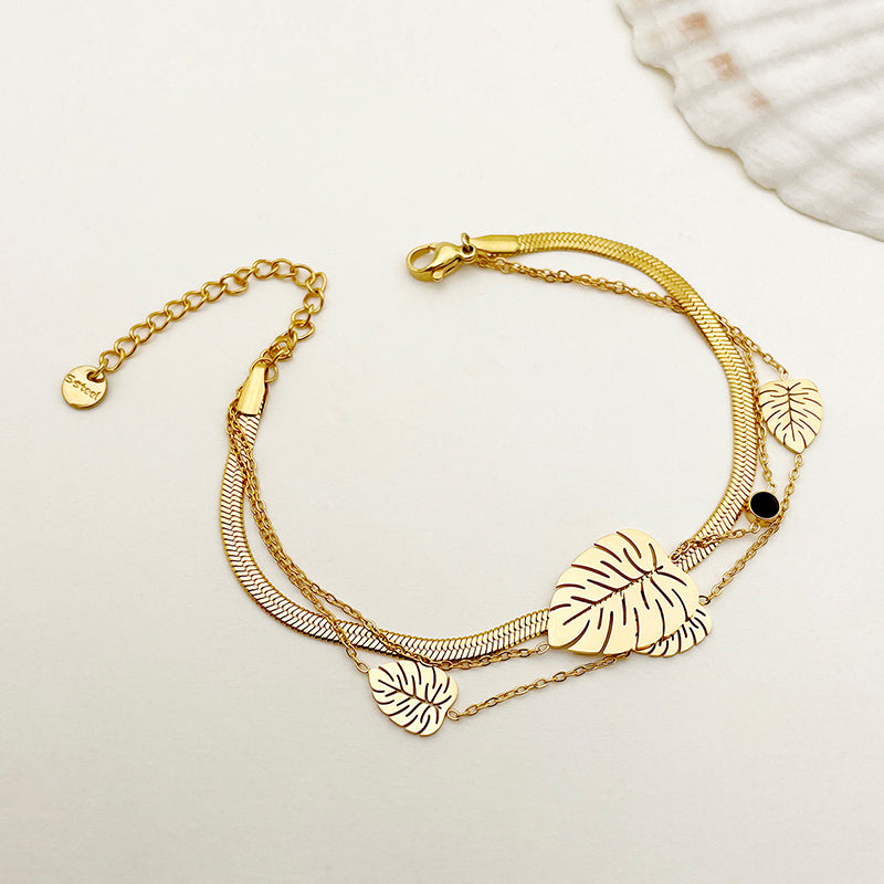 Elegant Sweet Simple Style Leaves Stainless Steel Layered Plating Inlay Zircon Gold Plated Bracelets