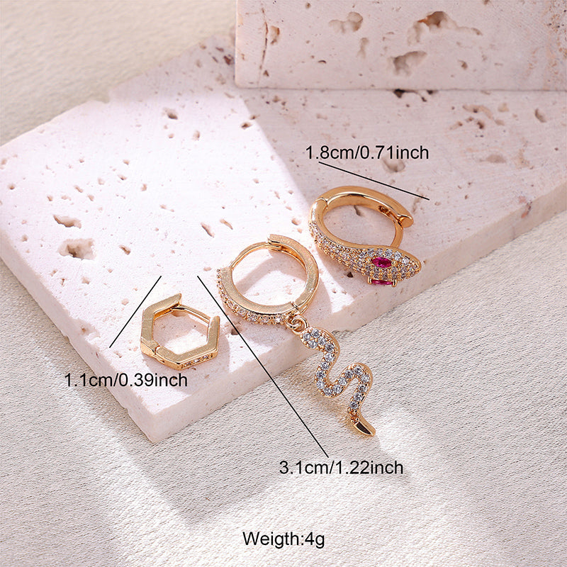 3 Pieces Exaggerated Punk Snake Plating Inlay Stainless Steel Zircon 18k Gold Plated Earrings