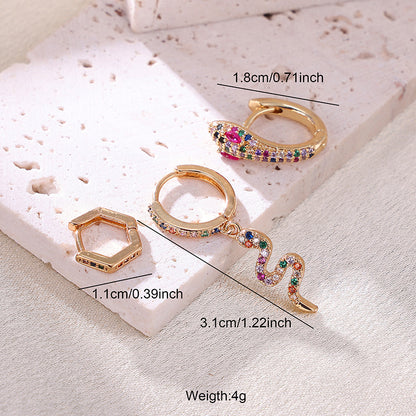 3 Pieces Exaggerated Punk Snake Plating Inlay Stainless Steel Zircon 18k Gold Plated Earrings