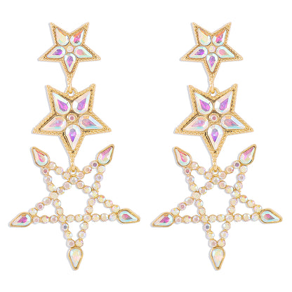 1 Pair Elegant Sweet Shiny Pentagram Hollow Out Inlay Alloy Rhinestones Drop Earrings