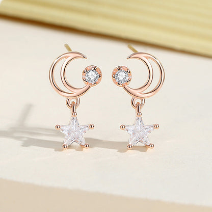 1 Pair Elegant Shiny Star Moon Inlay Sterling Silver Zircon Drop Earrings