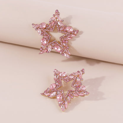 1 Pair Sweet Pentagram Irregular Hollow Out Inlay Alloy Rhinestones Ear Studs