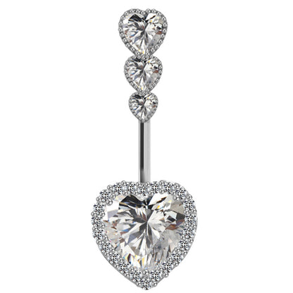 Cute Luxurious Heart Shape Stainless Steel Copper Plating Inlay Gem Rhinestones Zircon White Gold Plated Belly Ring