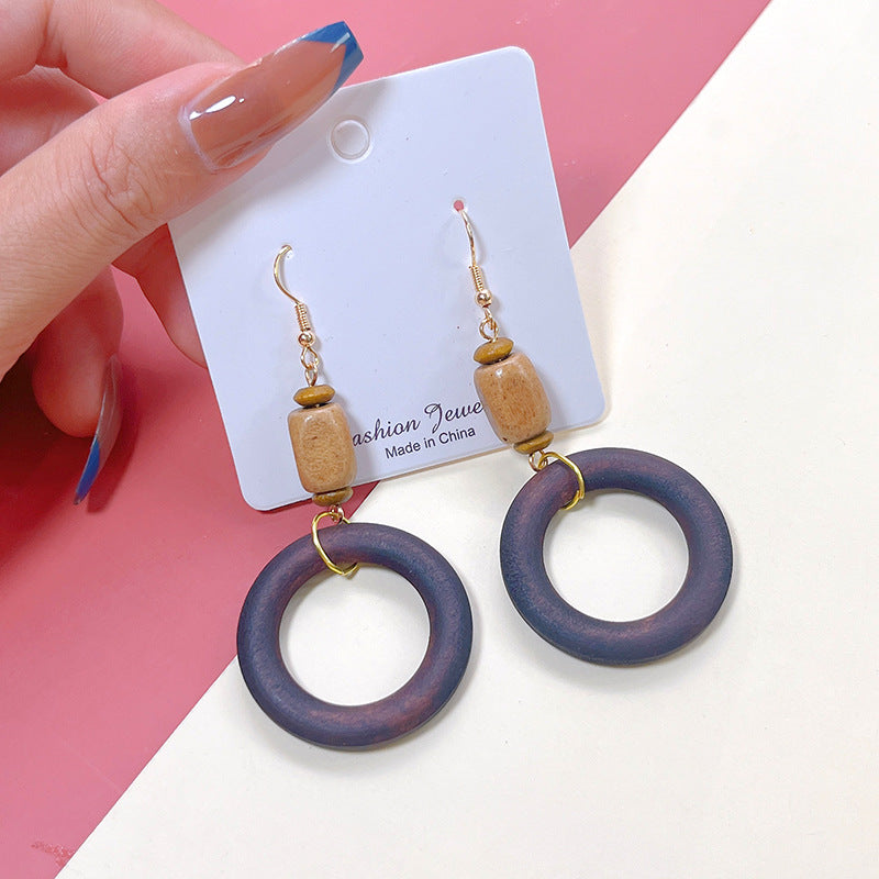 1 Pair Retro Round Water Droplets Hollow Out Wood Drop Earrings