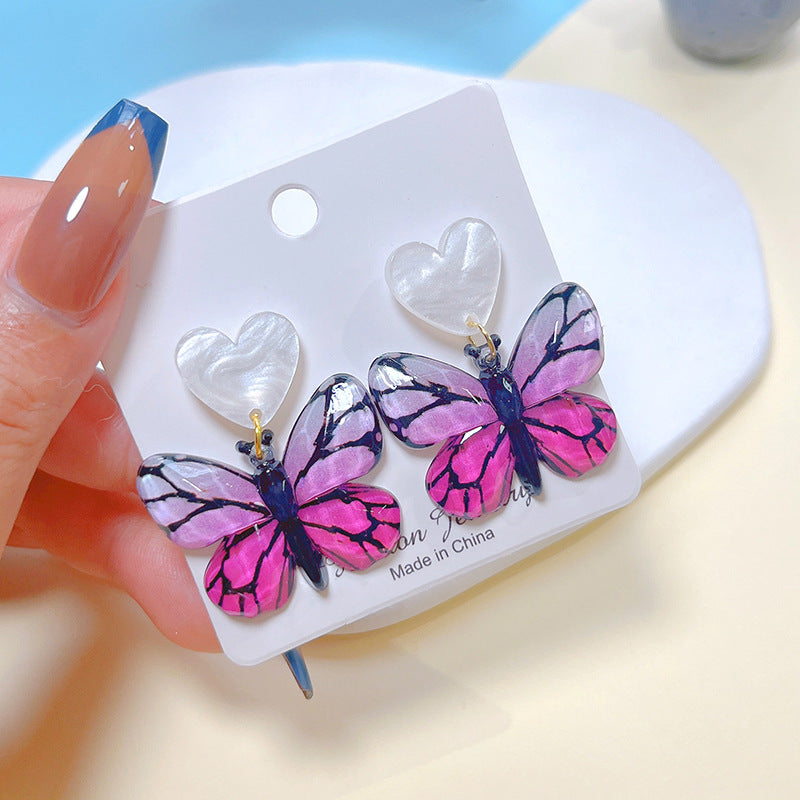 1 Pair Sweet Artistic Gradient Color Heart Shape Butterfly Printing Arylic Drop Earrings