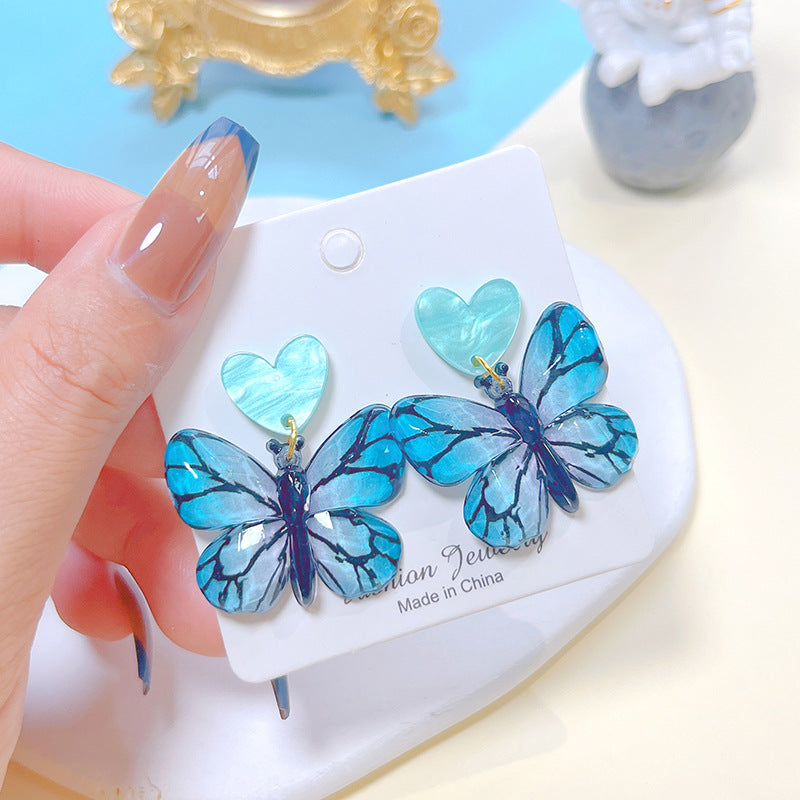 1 Pair Sweet Artistic Gradient Color Heart Shape Butterfly Printing Arylic Drop Earrings