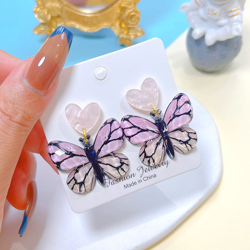 1 Pair Sweet Artistic Gradient Color Heart Shape Butterfly Printing Arylic Drop Earrings