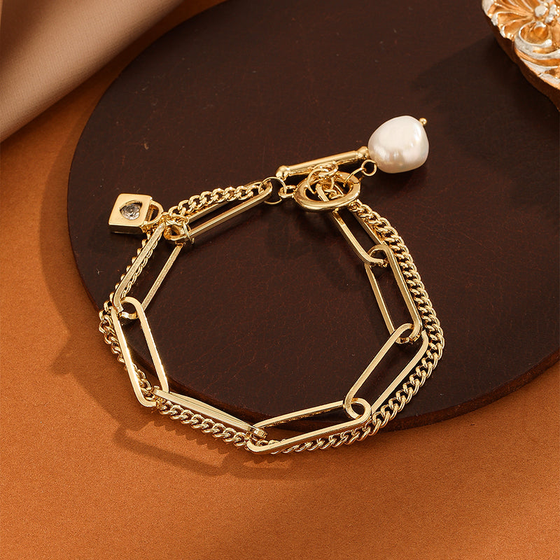 Elegant Roman Style Streetwear Heart Shape Lock Freshwater Pearl Copper Bracelets