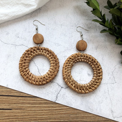 1 Pair Simple Style Geometric Mixed Materials Rattan Drop Earrings