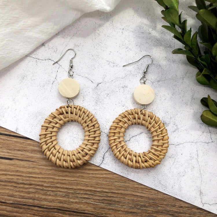 1 Pair Simple Style Geometric Mixed Materials Rattan Drop Earrings