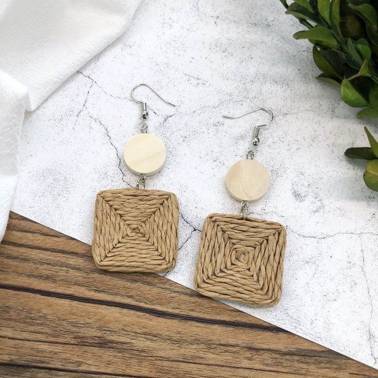 1 Pair Simple Style Geometric Mixed Materials Rattan Drop Earrings