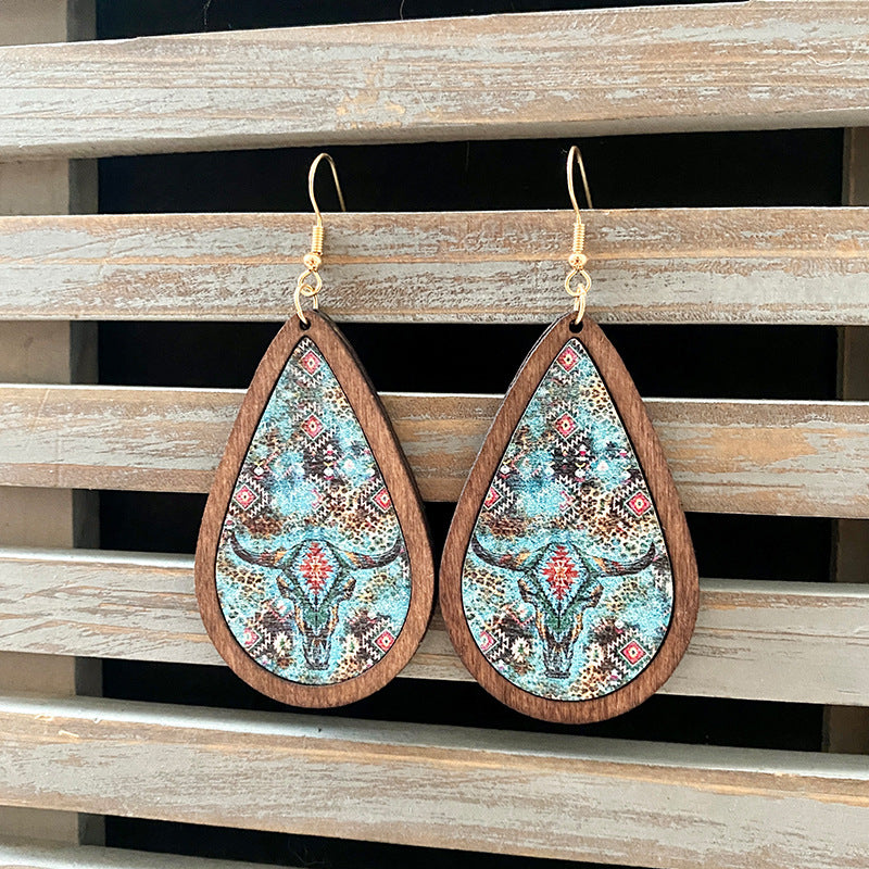 1 Pair Commute Water Droplets Printing Wood Drop Earrings