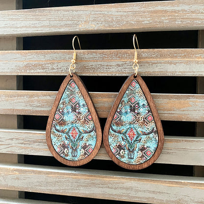 1 Pair Commute Water Droplets Printing Wood Drop Earrings