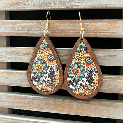 1 Pair Commute Water Droplets Printing Wood Drop Earrings