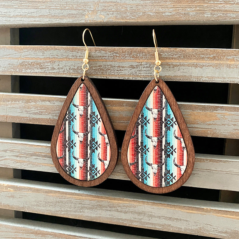 1 Pair Commute Water Droplets Printing Wood Drop Earrings