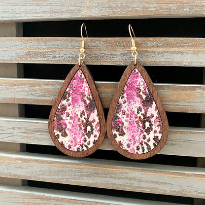 1 Pair Commute Water Droplets Printing Wood Drop Earrings