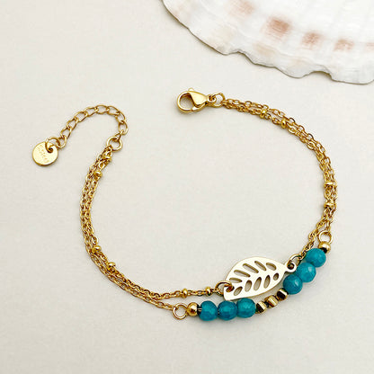 Elegant Sweet Simple Style Leaves Stainless Steel Artificial Crystal Beaded Layered Plating Gold Plated Bracelets